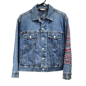 VTG DKNY Spellout Logo Womens' Blue Jean Petite Button-Up‎ Denim Jacket Size PM